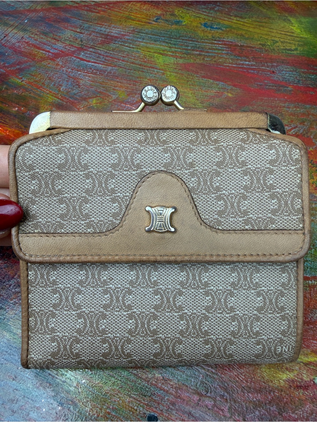 Celine Macadam Pvc Leather Bifold Wallet Logo Beige Gold Hardware Vintage Auth
